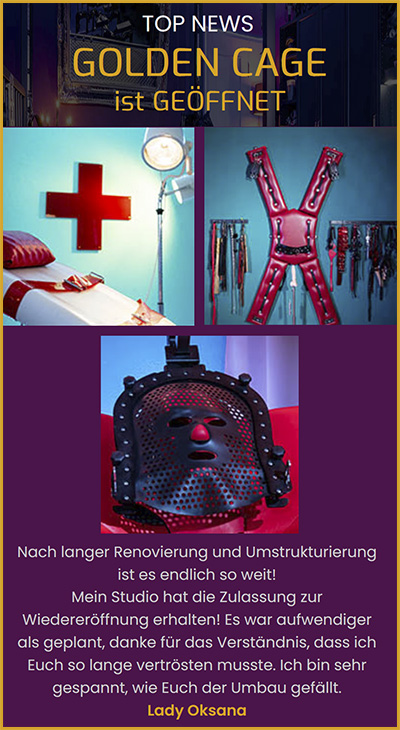 Golden Cage – Dominastudio in NRW mit umfangreicher Latexausstattung und drei exklusiven Themenräumen in der Region Aachen, Köln, Jülich und Düren.
