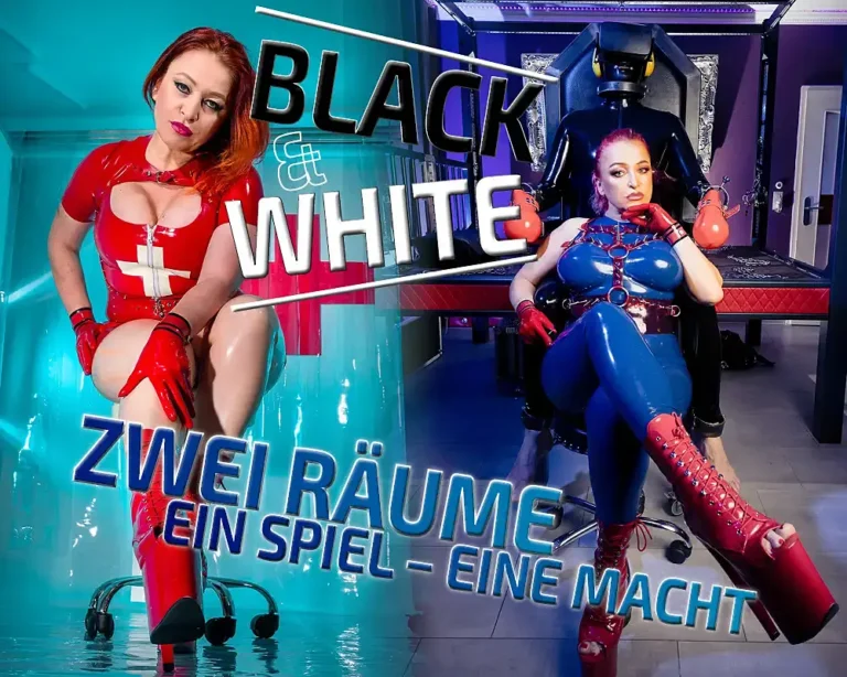 Domina Oksana in Latex-Outfits im Studio Golden Cage – Black & White Special – Zwei Räume ein Spiel.