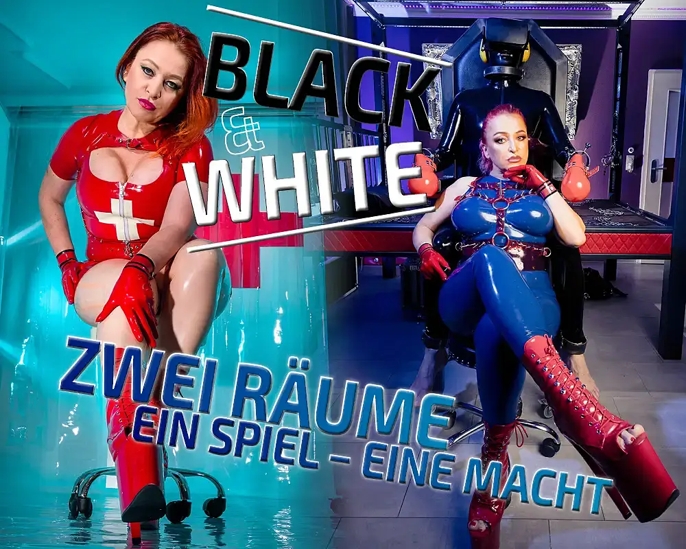 Domina Oksana in Latex-Outfits im Studio Golden Cage – Black & White Special – Zwei Räume ein Spiel.